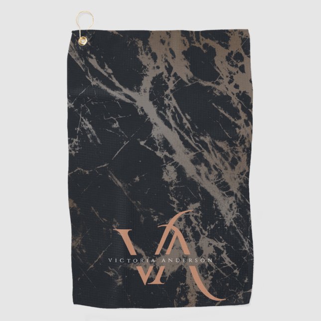 Elegant Dark Marble Rose Gold Monogram Custom Golf Towel (Front)