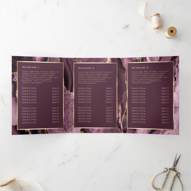 Elegant Dark Mauve Gold Agate Trifold Brochure (Inside)