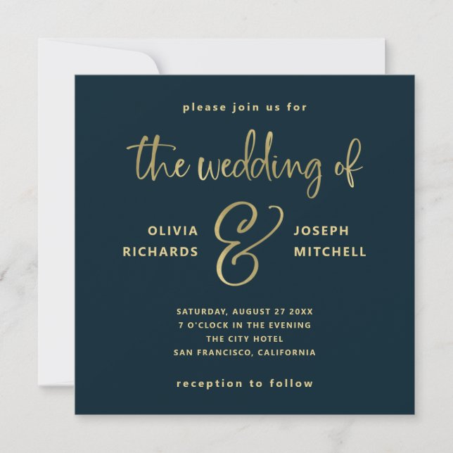 Elegant Dark Midnight Blue and Faux Gold Invitation (Front)
