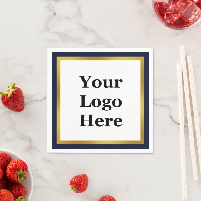Elegant Dark Midnight Blue White Gold Your Logo Napkin (Insitu)
