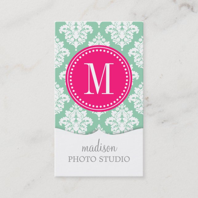 Elegant Dark Mint Damask Personalized Business Card (Front)