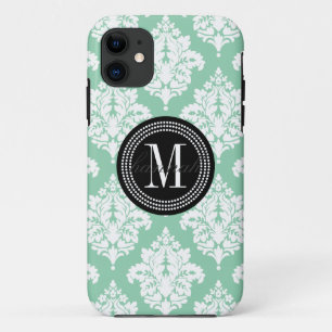 Elegant Dark Mint Damask Personalized iPhone 11 Case