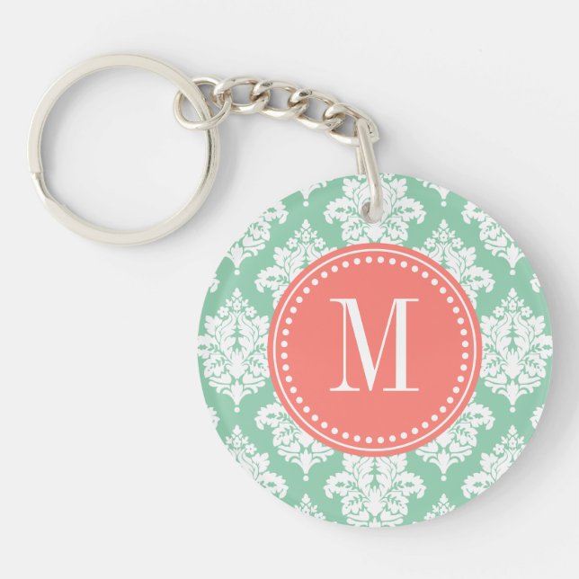 Elegant Dark Mint Damask Personalized Keychain (Front)