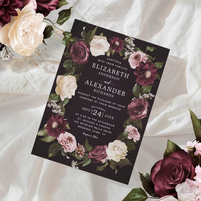 Elegant Dark Moody Floral Burgundy Wedding  Invitation (Creator Uploaded)
