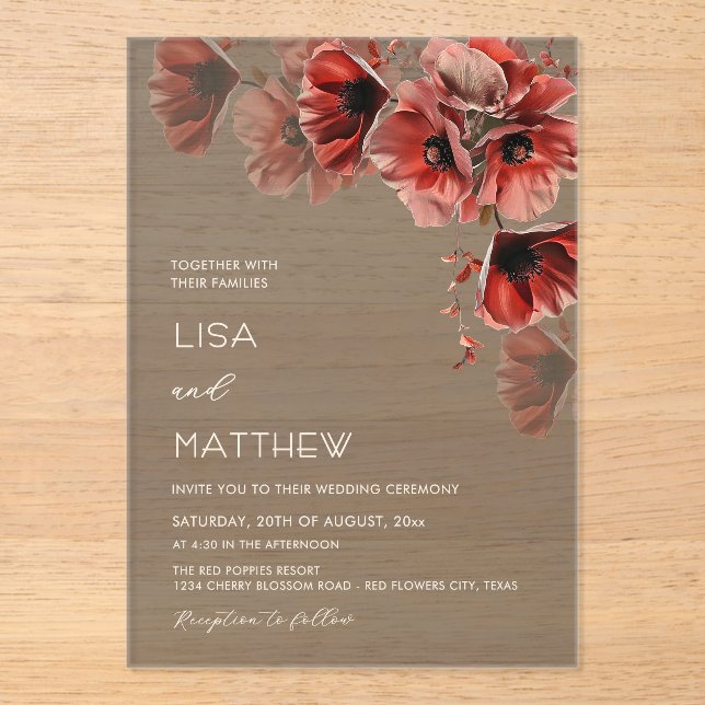Elegant Dark Moody Red Flowers  Acrylic Invitations (Front)