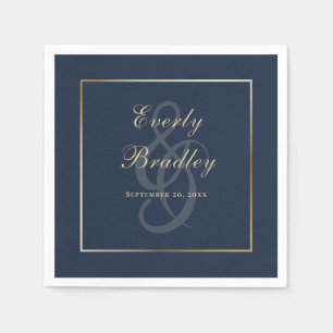 Elegant Dark Navy Blue Gold Border Script  Napkin