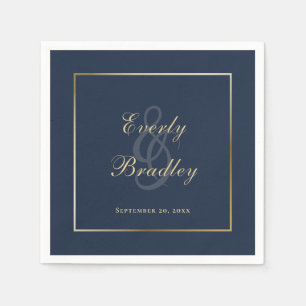 Elegant Dark Navy Blue Gold Border Script  Napkin