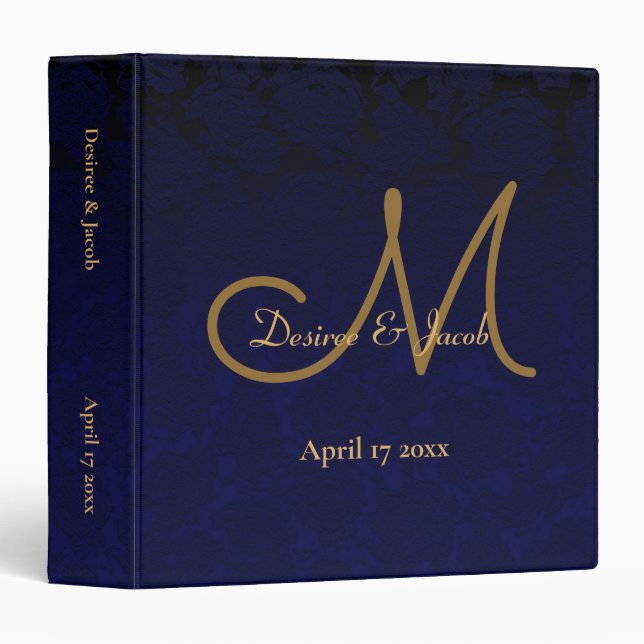 Elegant Dark Navy Blue Gold Wedding Monogram Binder (Front/Spine)