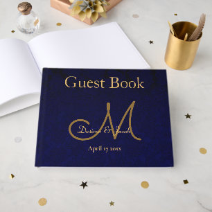 Elegant Dark Navy Blue Gold Wedding Monogram Guest Book