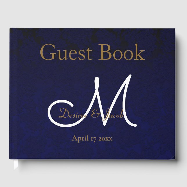 Elegant Dark Navy Blue Gold White Monogram Floral Guest Book (Front)