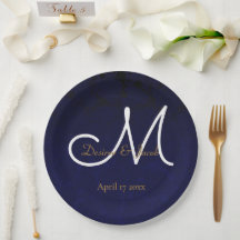Elegant Dark Navy Blue Gold White Monogram Floral