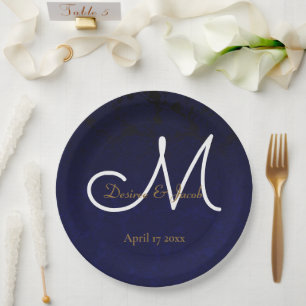Elegant Dark Navy Blue Gold White Monogram Floral Paper Plate