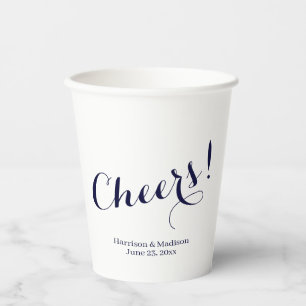 Elegant dark navy Cheers custom script Wedding Paper Cups