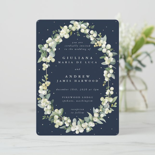 Elegant Dark Navy Snowberry+Eucalyptus Wedding Invitation (Standing Front)