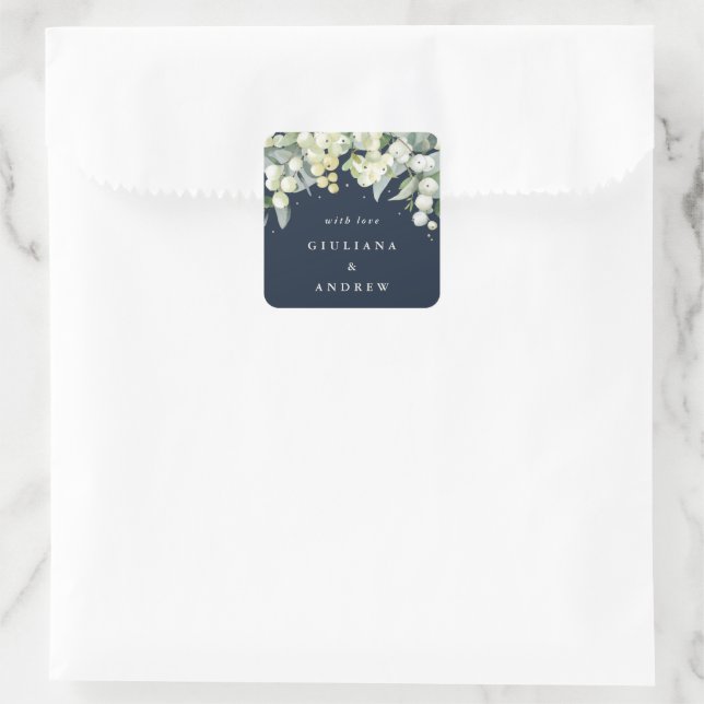 Elegant Dark Navy Snowberry+Eucalyptus Wedding Square Sticker (Bag)
