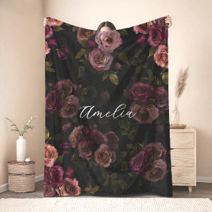 Elegant Dark Pink Burgundy Floral Art Fleece Blanket