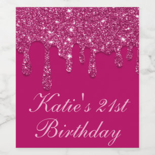 Elegant Dark Pink Dripping Glitter 21st Birthday Wine Label