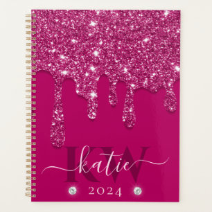 Elegant Dark Pink Dripping Glitter Monogram Planner