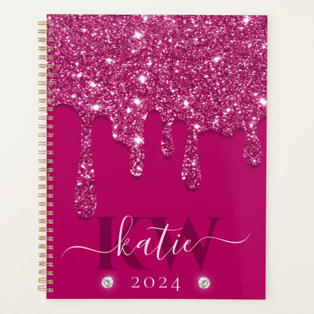 Elegant Dark Pink Dripping Glitter Monogram Planner (Front)