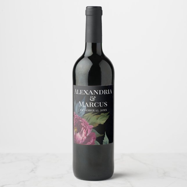 Elegant dark pink floral watercolor wine label (Front)