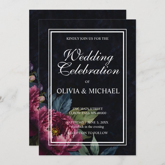 Elegant dark pink floral Wedding invitations  (Front/Back)