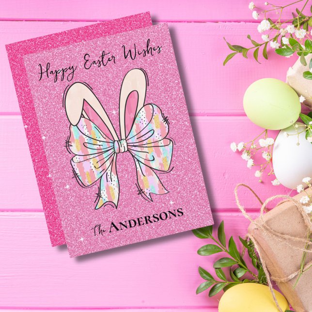 Elegant Dark Pink Glitter Easter Bunny Ears & Bow Holiday Card (Creator Uploaded)