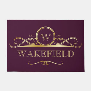 Elegant Dark Plum & Faux Gold Ornate Monogram Doormat