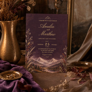 Elegant Dark Plum Mountain  Gold Botanical Autumn  Invitation