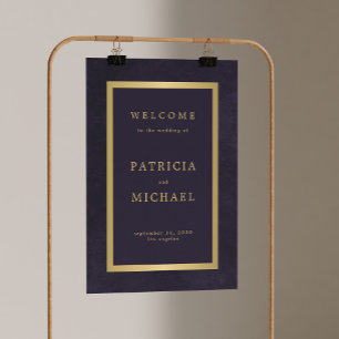 Elegant dark purple and gold wedding welcome sign
