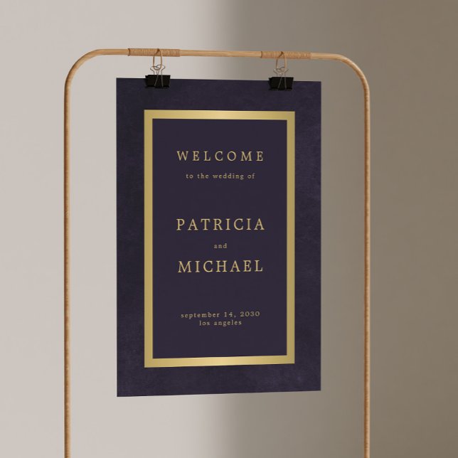 Elegant dark purple and gold wedding welcome sign (The support is not included)