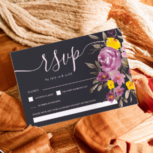 Elegant dark Purple floral wedding rsvp monogram Card