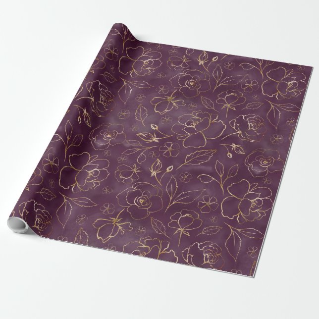 Elegant Dark Purple Gold Roses Outline Wrapping Paper (Unrolled)