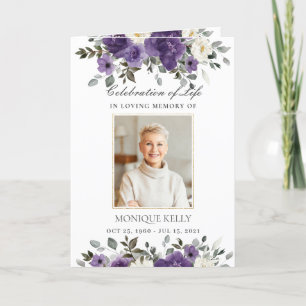 Elegant Dark Purple Ivory Floral Photo Funeral   Program