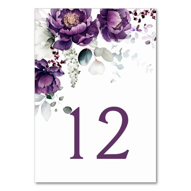 Elegant Dark Purple Peonies Table Number (Front)