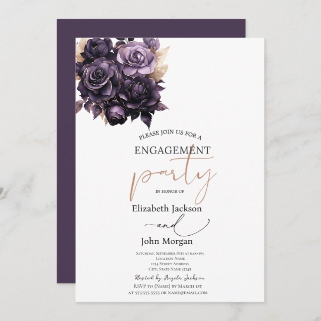 Elegant Dark Purple Roses Engagement  Invitation (Front/Back)