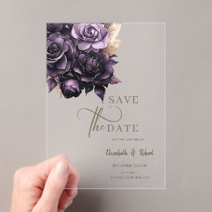 Elegant Dark Purple Roses Save The Date Acrylic Invitations