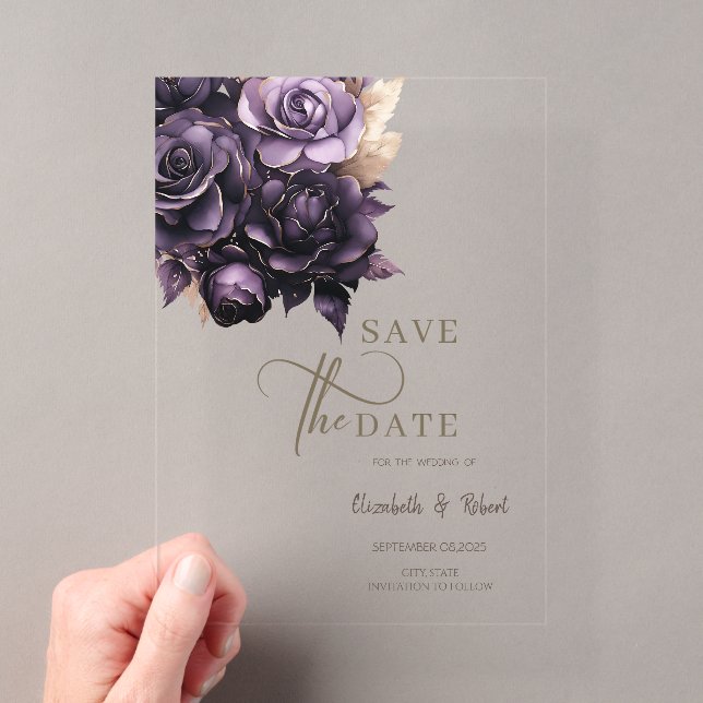 Elegant Dark Purple Roses Save The Date Acrylic Invitations (Insitu (Handheld))