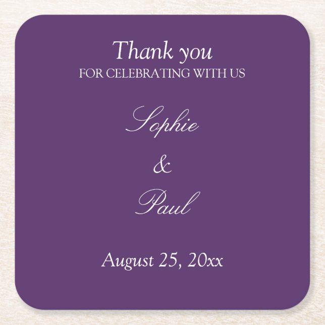 Elegant Dark Purple Wedding Thank You Square Paper Coaster (Front)
