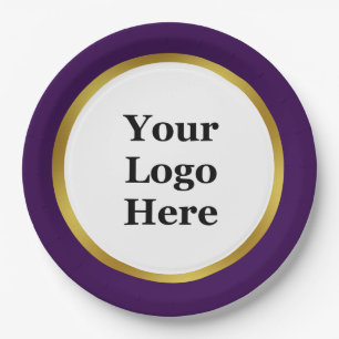 Elegant Dark Purple White and Gold Your Logo Here Paper Plate