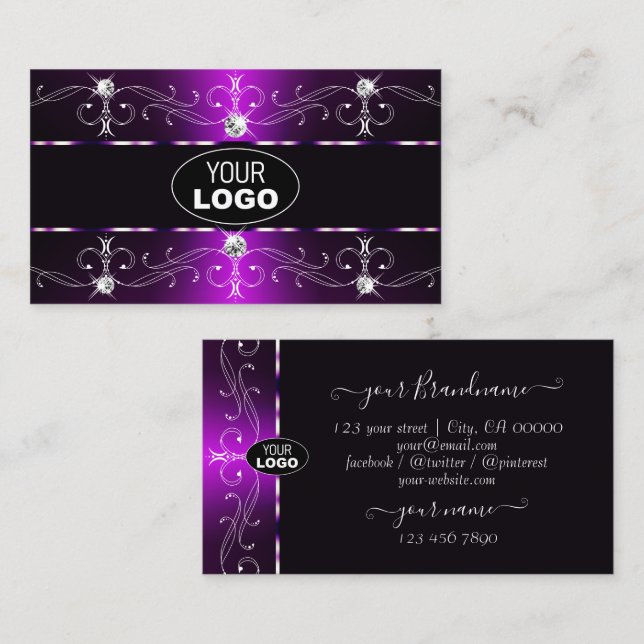 Elegant Dark Purple White Ornate Borders with Logo Business Card (Front/Back)