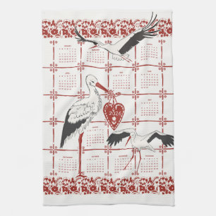 Elegant Dark Red Alsatian Folk Stork 2026 Calendar Kitchen Towel
