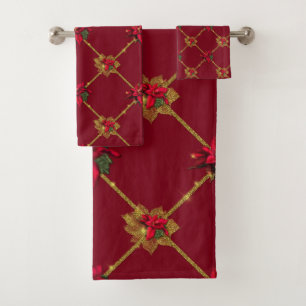 Elegant Dark Red and Gold Poinsettia Bath Towel Set