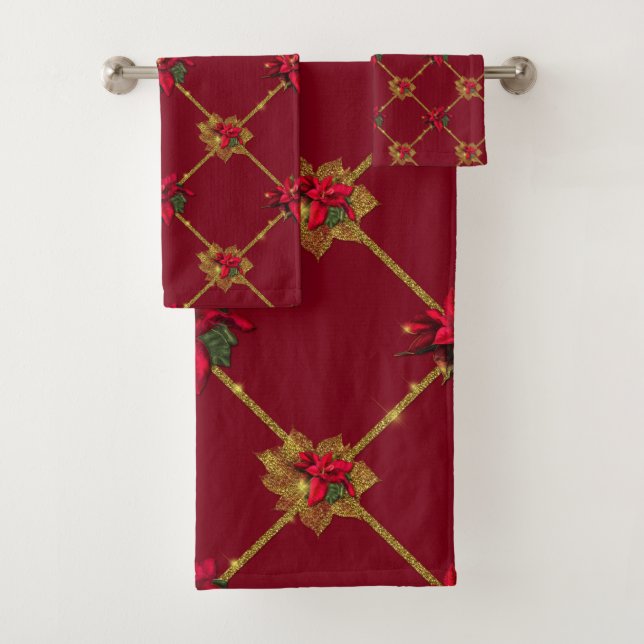 Elegant Dark Red and Gold Poinsettia Bath Towel Set (Insitu)