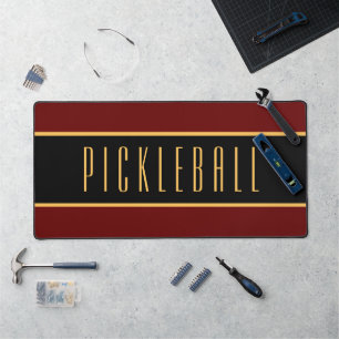 Elegant Dark Red Black Stripes PICKLEBALL Text Desk Mat