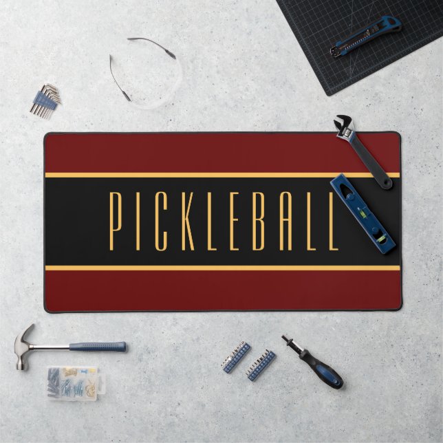 Elegant Dark Red Black Stripes PICKLEBALL Text  Desk Mat (Workstation)
