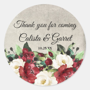 Elegant Dark Red Floral Goth Wedding Thank You Classic Round Sticker