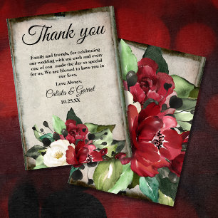 Elegant Dark Red Floral Grunge Grey Goth Wedding Thank You Card
