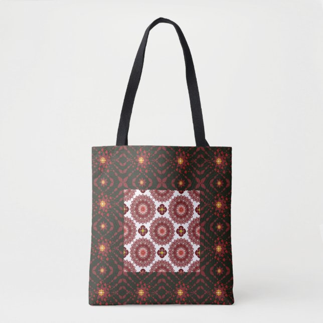 Elegant Dark Red Geometric Mandala Tote Bag – Arti (Devant)