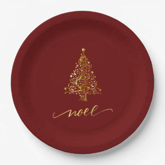 Elegant Dark Red & Gold Christmas Tree Noel Paper Plate