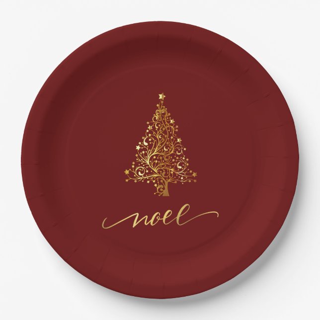 Elegant Dark Red & Gold Christmas Tree Noel Paper Plate (Front)